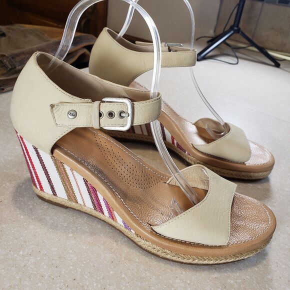 UGG Atasha Wedge Sandals Size 9.5 Espadrille Cream Striped Shoes Peep Toe Heel - Picture 1 of 8